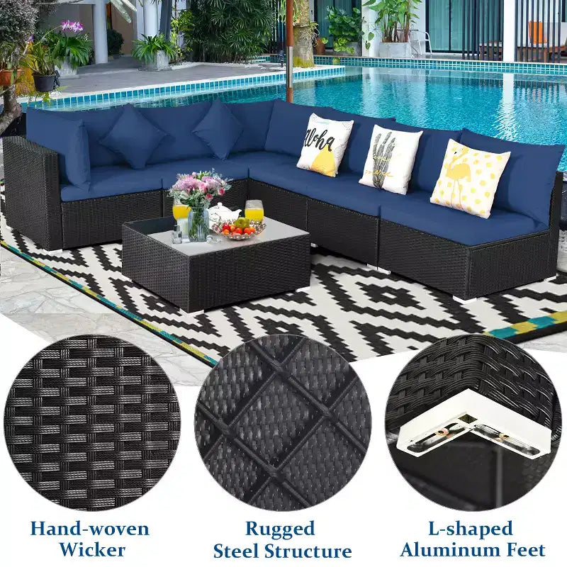 Costway 7PCS Patio Rattan Sofa Set Sectional Conversation Furniture Set Garden Beige\ Navy\Red\Navy Blue