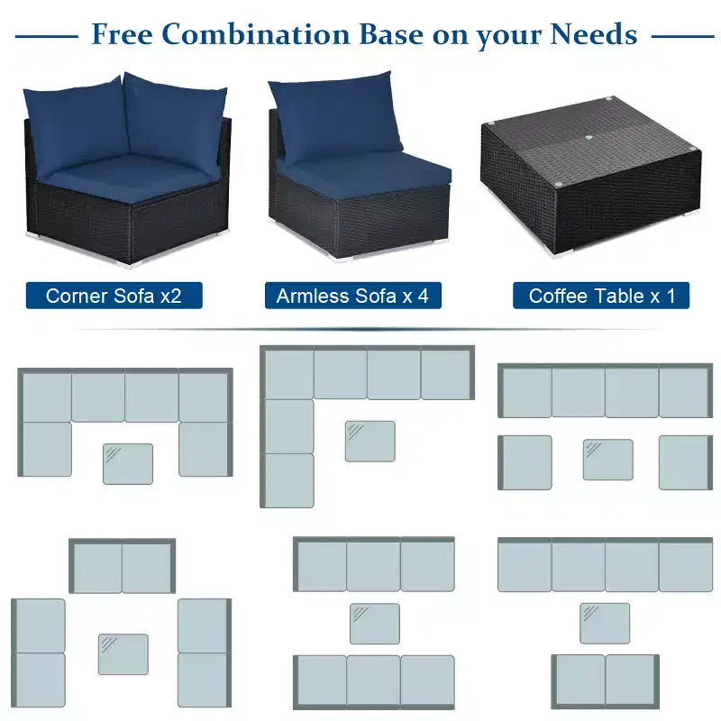 Costway 7PCS Patio Rattan Sofa Set Sectional Conversation Furniture Set Garden Beige\ Navy\Red\Navy Blue