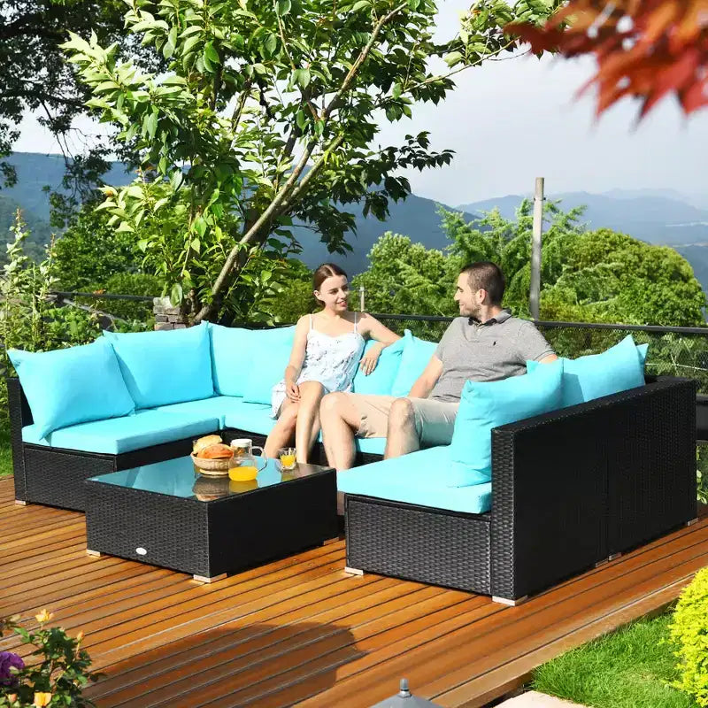 Costway 7PCS Patio Rattan Sofa Set Sectional Conversation Furniture Set Garden Beige\ Navy\Red\Navy Blue