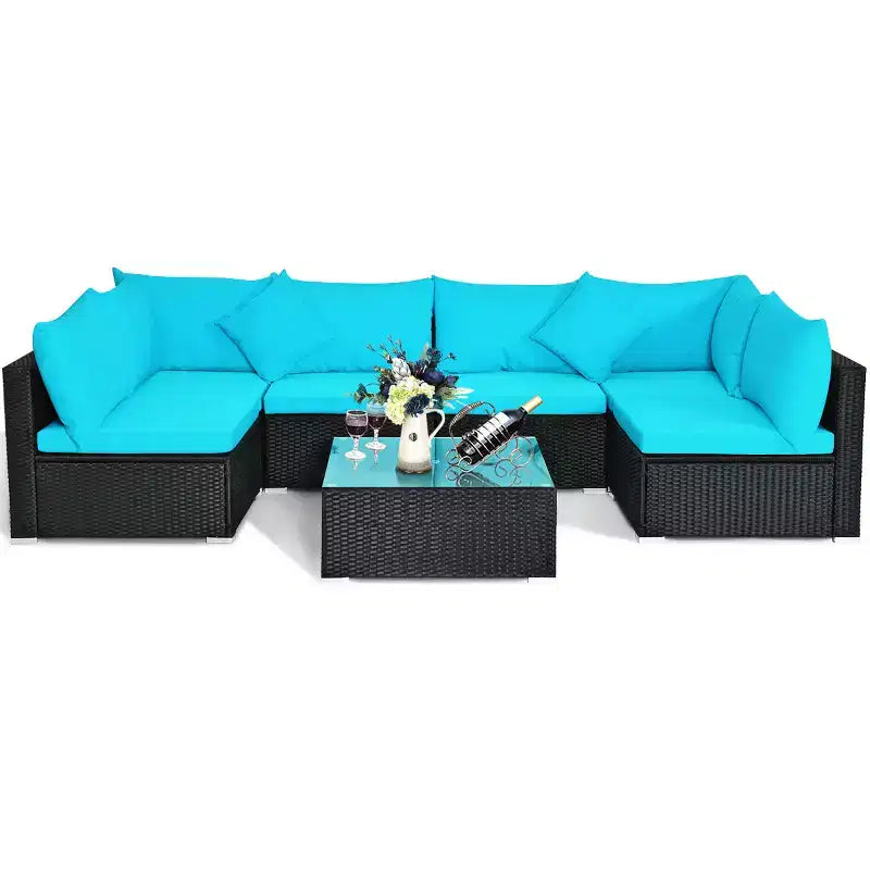 Costway 7PCS Patio Rattan Sofa Set Sectional Conversation Furniture Set Garden Beige\ Navy\Red\Navy Blue