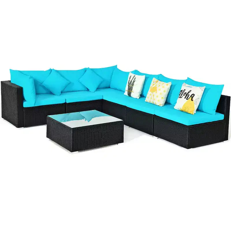 Costway 7PCS Patio Rattan Sofa Set Sectional Conversation Furniture Set Garden Beige\ Navy\Red\Navy Blue