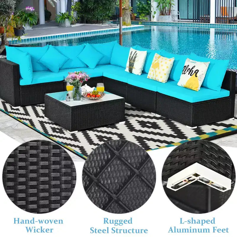 Costway 7PCS Patio Rattan Sofa Set Sectional Conversation Furniture Set Garden Beige\ Navy\Red\Navy Blue