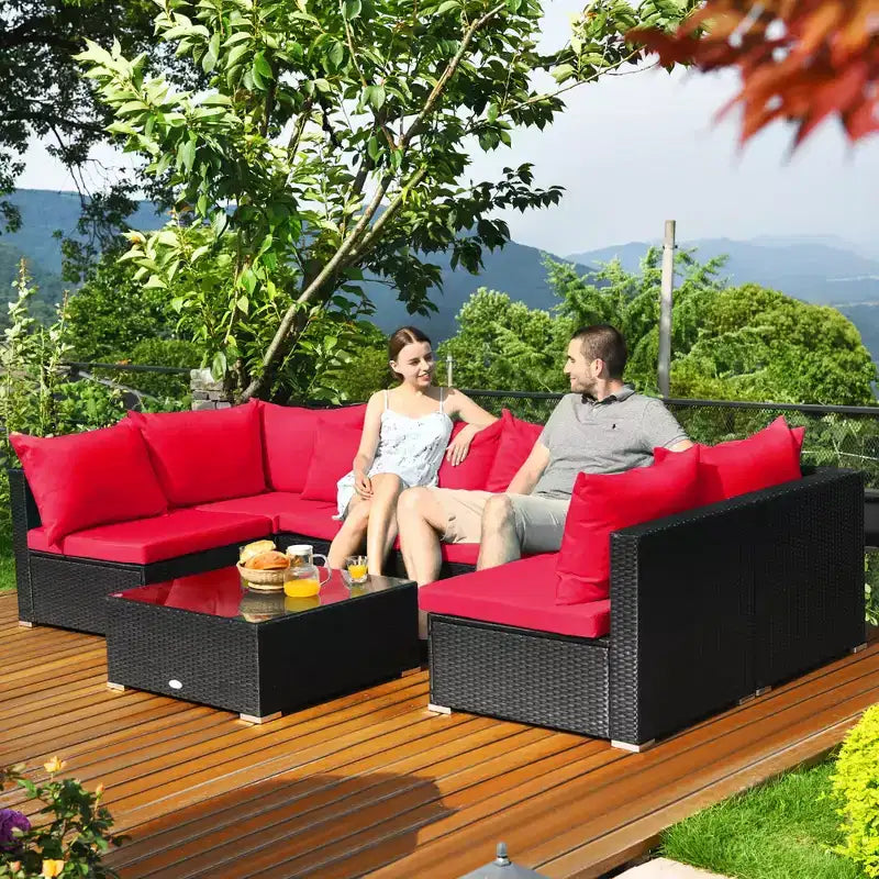 Costway 7PCS Patio Rattan Sofa Set Sectional Conversation Furniture Set Garden Beige\ Navy\Red\Navy Blue