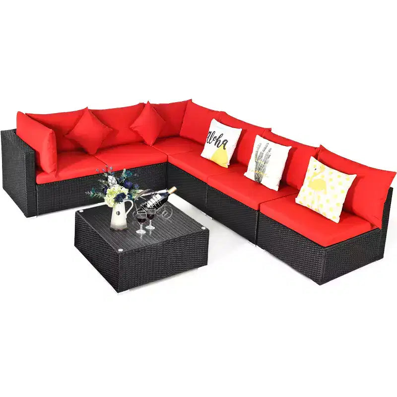 Costway 7PCS Patio Rattan Sofa Set Sectional Conversation Furniture Set Garden Beige\ Navy\Red\Navy Blue