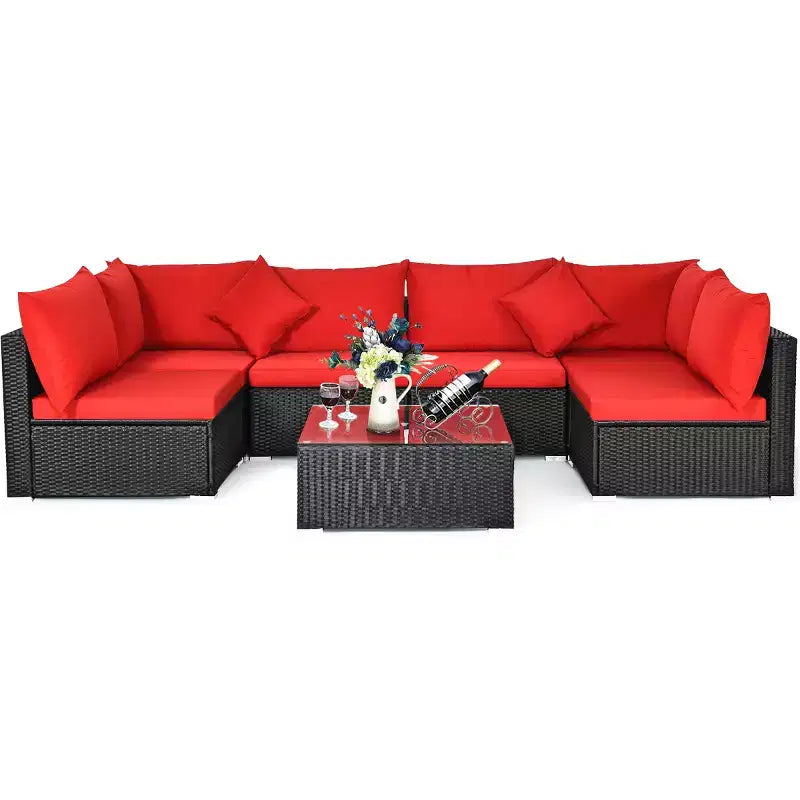 Costway 7PCS Patio Rattan Sofa Set Sectional Conversation Furniture Set Garden Beige\ Navy\Red\Navy Blue