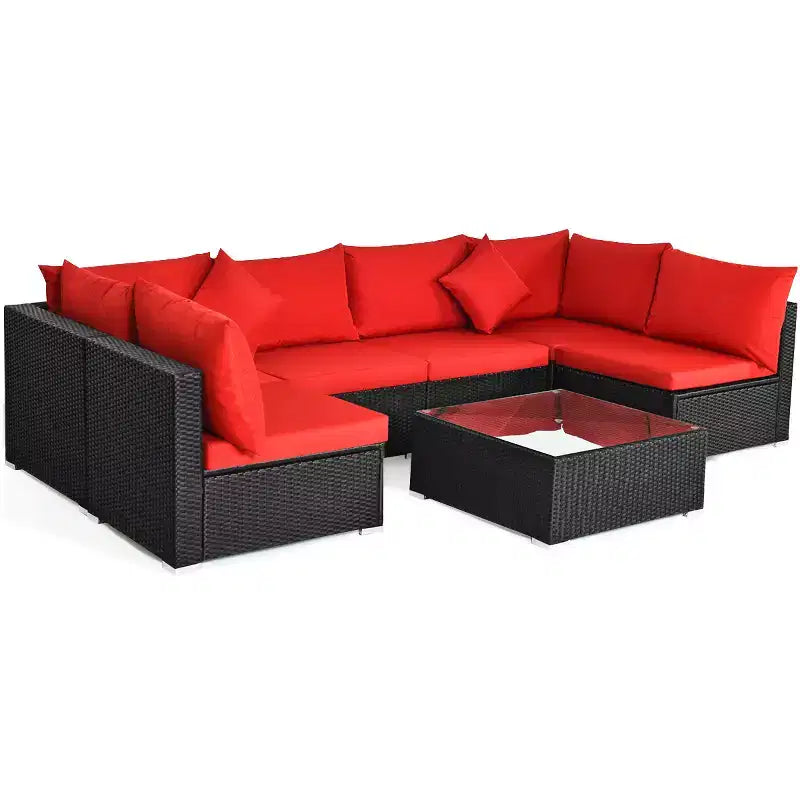 Costway 7PCS Patio Rattan Sofa Set Sectional Conversation Furniture Set Garden Beige\ Navy\Red\Navy Blue