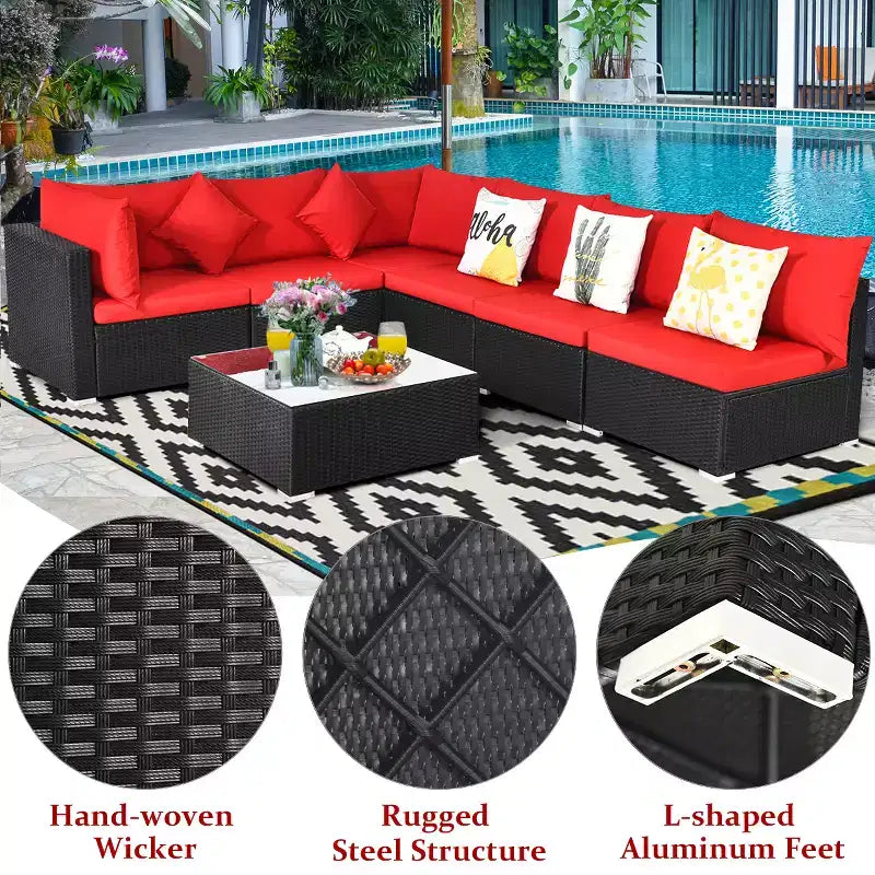 Costway 7PCS Patio Rattan Sofa Set Sectional Conversation Furniture Set Garden Beige\ Navy\Red\Navy Blue