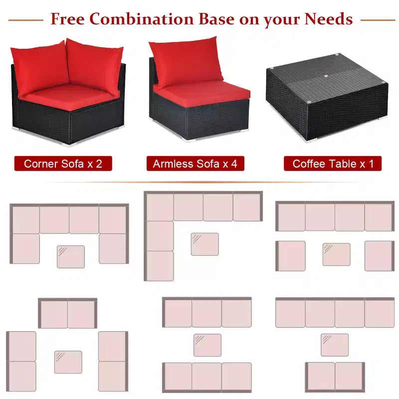 Costway 7PCS Patio Rattan Sofa Set Sectional Conversation Furniture Set Garden Beige\ Navy\Red\Navy Blue