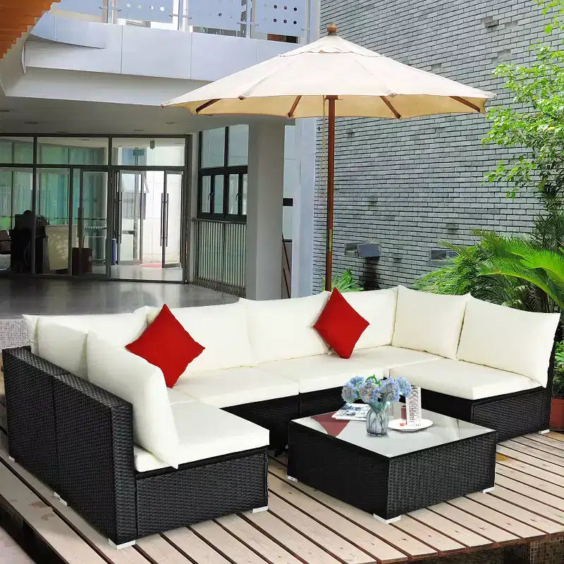 Costway 7PCS Patio Rattan Sofa Set Sectional Conversation Furniture Set Garden Beige\ Navy\Red\Navy Blue