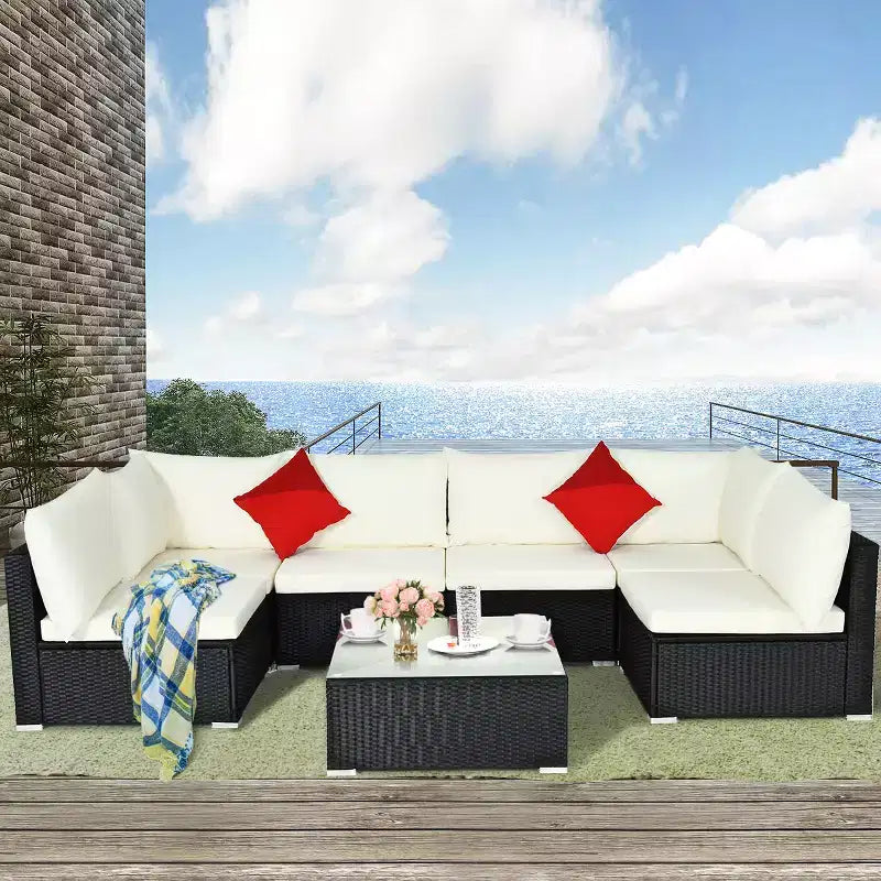 Costway 7PCS Patio Rattan Sofa Set Sectional Conversation Furniture Set Garden Beige\ Navy\Red\Navy Blue