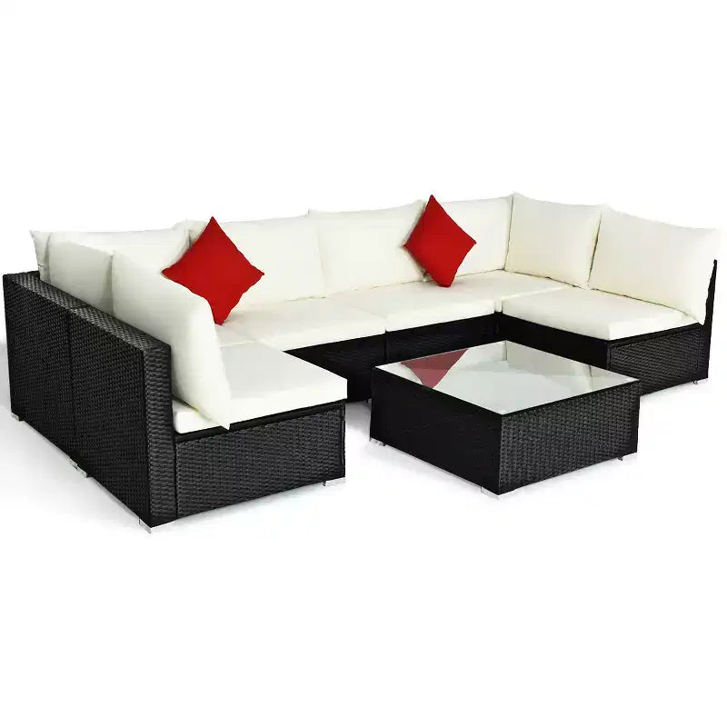 Costway 7PCS Patio Rattan Sofa Set Sectional Conversation Furniture Set Garden Beige\ Navy\Red\Navy Blue