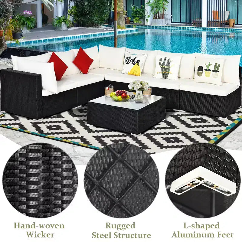 Costway 7PCS Patio Rattan Sofa Set Sectional Conversation Furniture Set Garden Beige\ Navy\Red\Navy Blue
