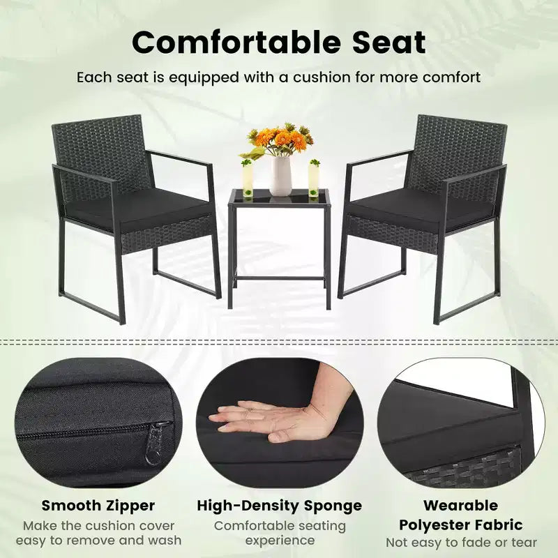 Costway 3pcs Patio Furniture Set Heavy Duty Cushioned Wicker Rattan Chairs Table Outdoor