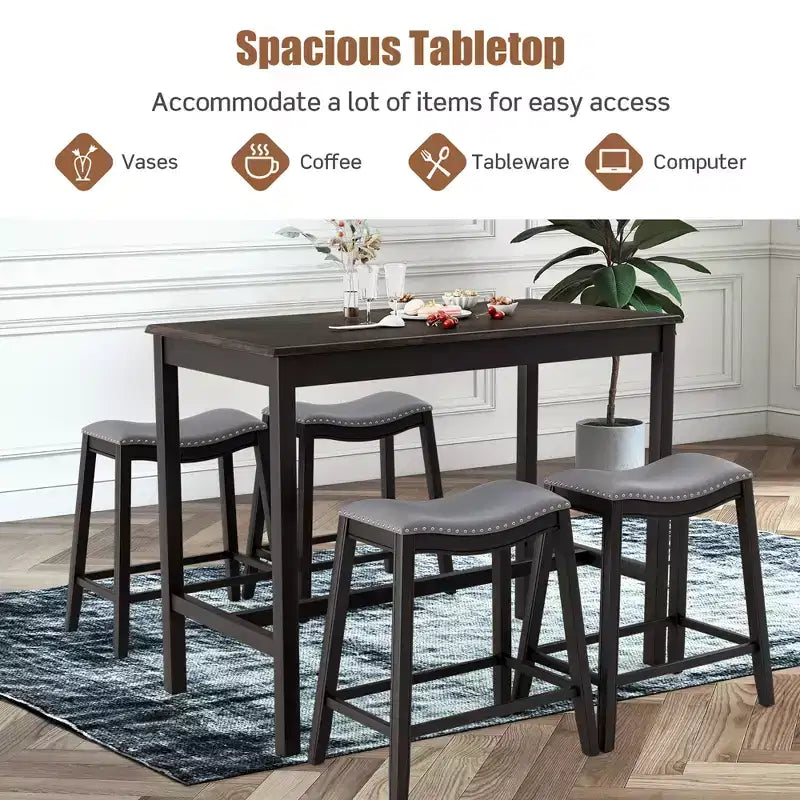 Ensemble de table de bar et de 4 tabourets de selle rembourrés Costway 5 pièces, hauteur comptoir