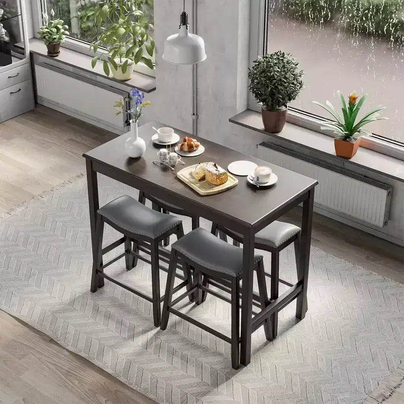 Ensemble de table de bar et de 4 tabourets de selle rembourrés Costway 5 pièces, hauteur comptoir