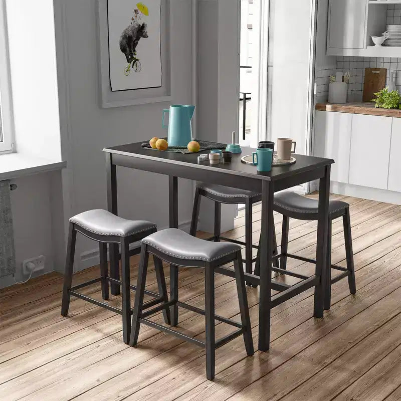 Ensemble de table de bar et de 4 tabourets de selle rembourrés Costway 5 pièces, hauteur comptoir