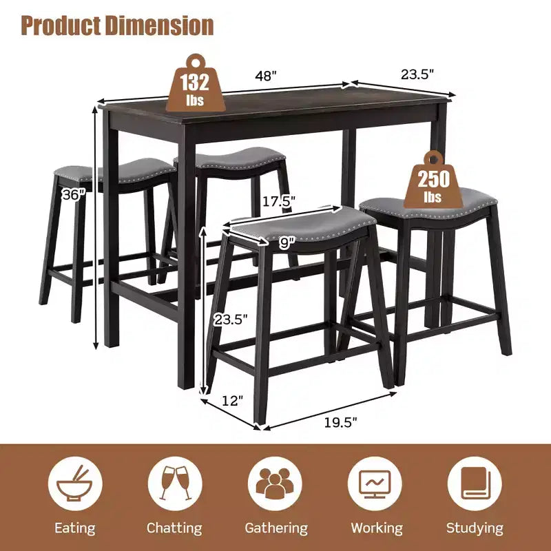 Ensemble de table de bar et de 4 tabourets de selle rembourrés Costway 5 pièces, hauteur comptoir