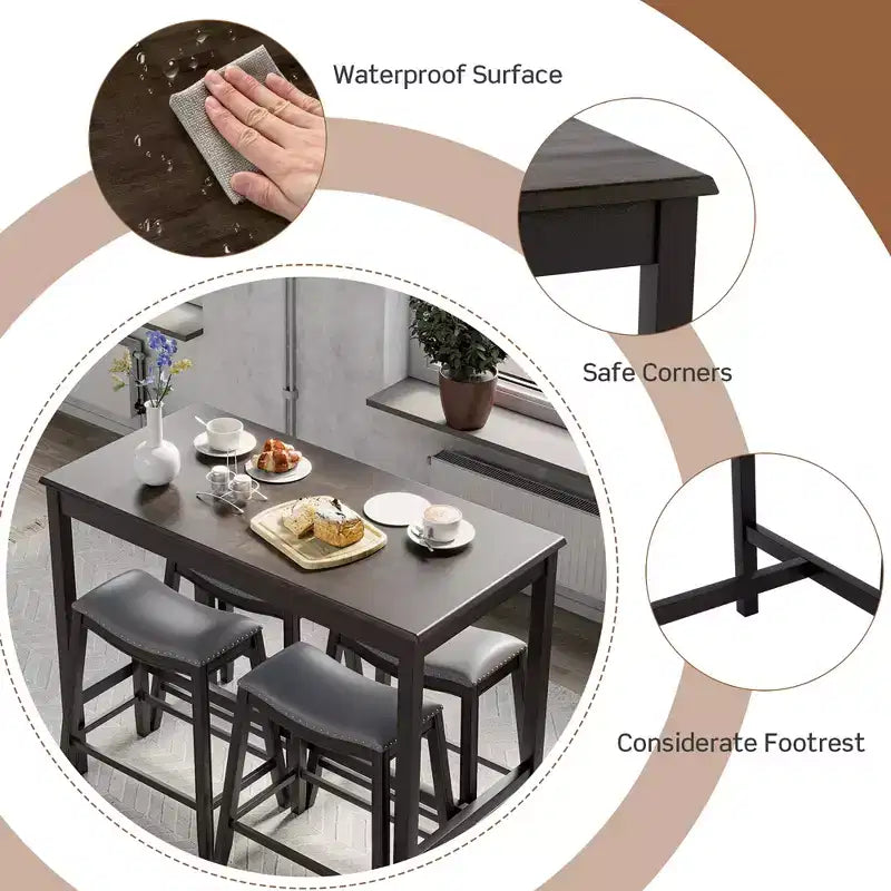 Ensemble de table de bar et de 4 tabourets de selle rembourrés Costway 5 pièces, hauteur comptoir
