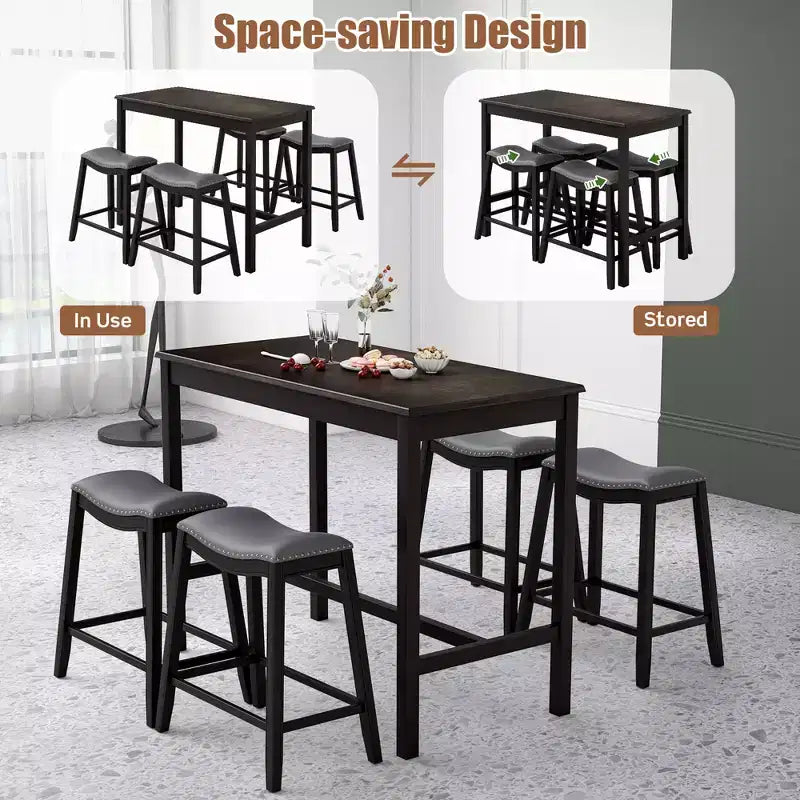 Ensemble de table de bar et de 4 tabourets de selle rembourrés Costway 5 pièces, hauteur comptoir