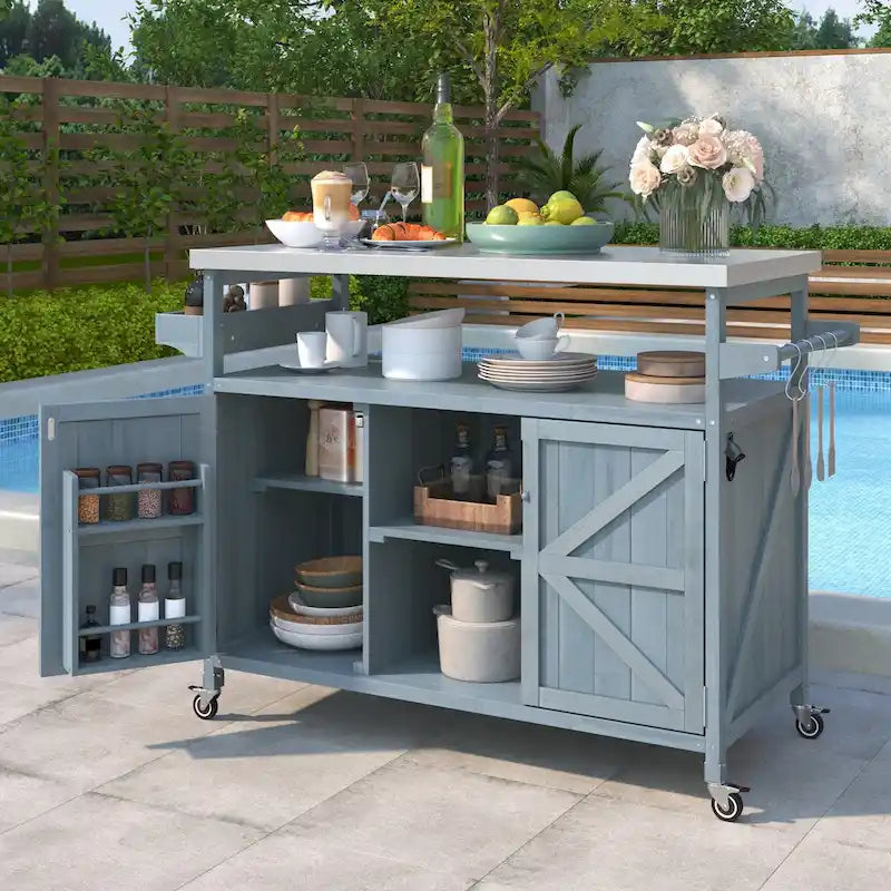 Isola Cucina da Esterno, Carrello Bar con Ruote e Mobile Contenitore, Tavolo per Barbecue in Legno Massello con Piano in Acciaio Inox, Porta Spezie, Porta Asciugamani