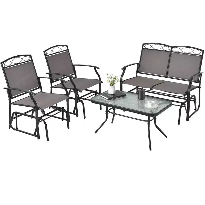 Costway 4pcs Patio Glider Conversation Set Swing Rocking Chair Table Heavy-Duty Outdoor
