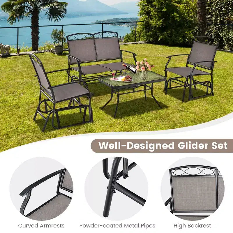 Costway 4pcs Patio Glider Conversation Set Swing Rocking Chair Table Heavy-Duty Outdoor