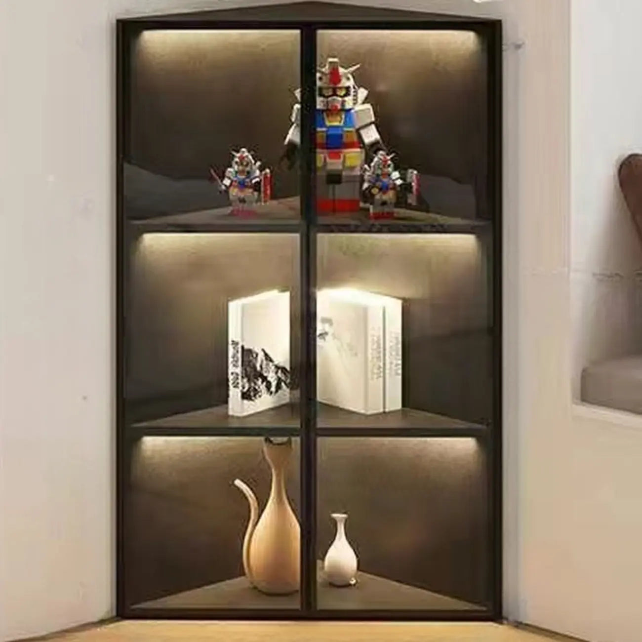 Vetrina ad angolo moderna in metallo grigio e legno con anta in vetro