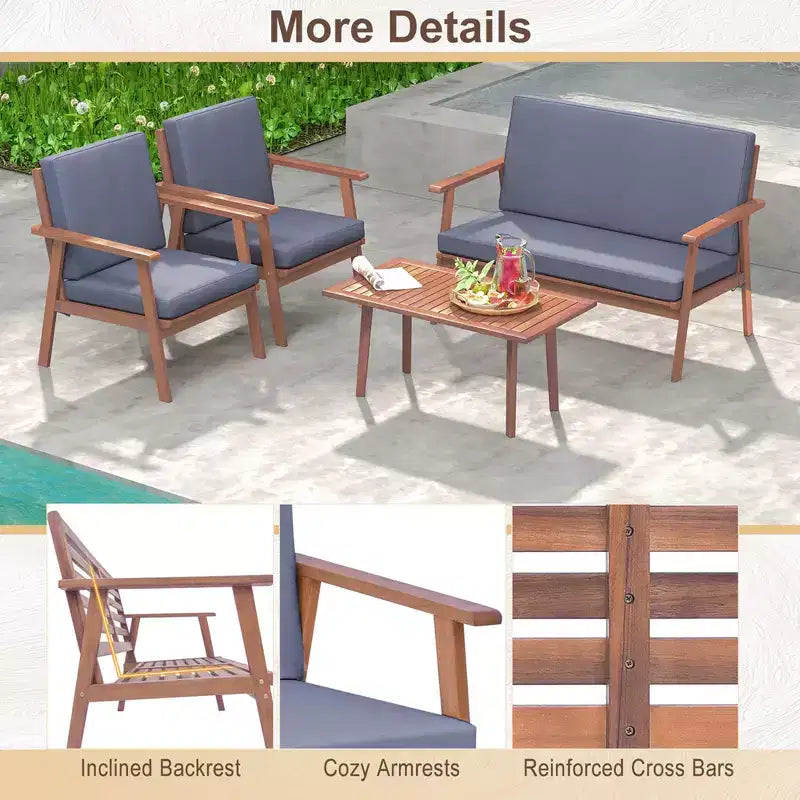 Costway Ensemble de Conversation de Patio 4 Pièces en Bois d'Acacia avec Canapé Table Basse et Coussins