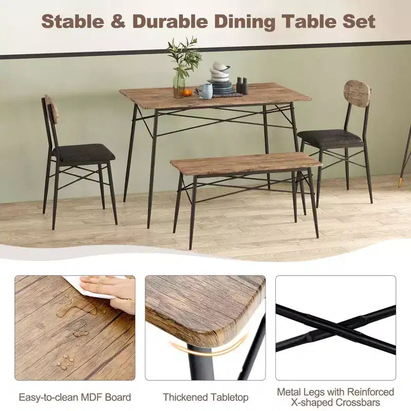 Ensemble de salle à manger 4 pièces Costway avec banc et 2 chaises rembourrées en similicuir pour cuisine
