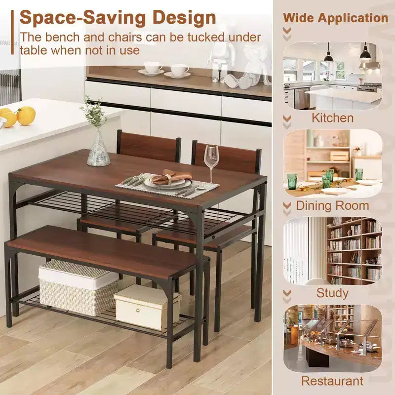 Costway Dining Table Set for 4 Rectangular Table with 2 Chairs, 1 Bench, Storage Racks Rustic Brown/Gray/Brown