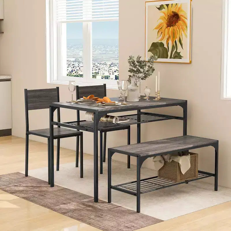 Costway Dining Table Set for 4 Rectangular Table with 2 Chairs, 1 Bench, Storage Racks Rustic Brown/Gray/Brown