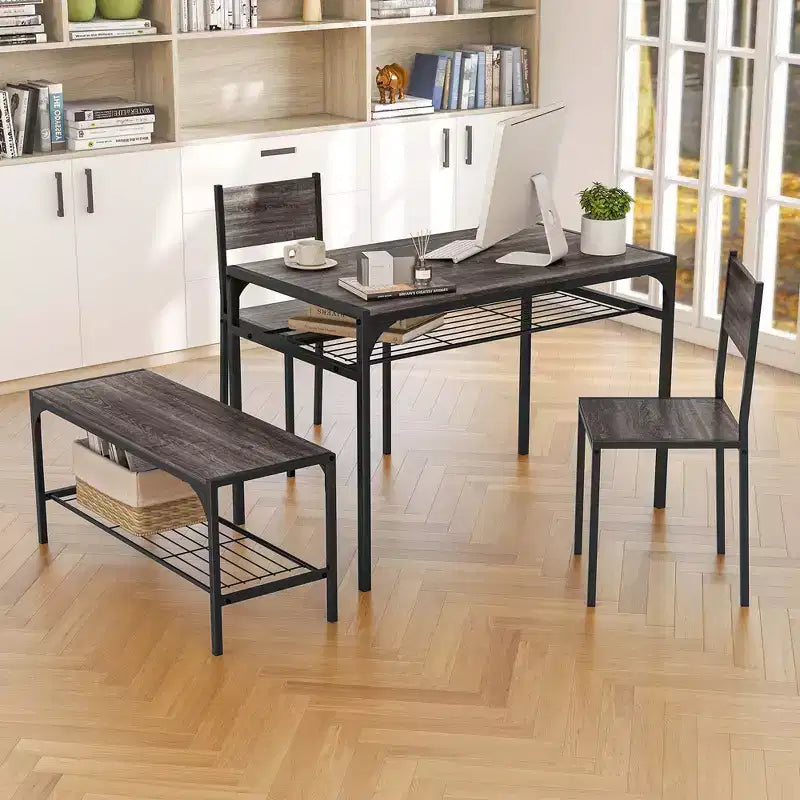 Costway Dining Table Set for 4 Rectangular Table with 2 Chairs, 1 Bench, Storage Racks Rustic Brown/Gray/Brown