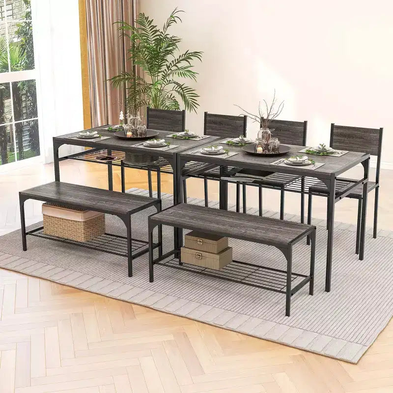 Costway Dining Table Set for 4 Rectangular Table with 2 Chairs, 1 Bench, Storage Racks Rustic Brown/Gray/Brown