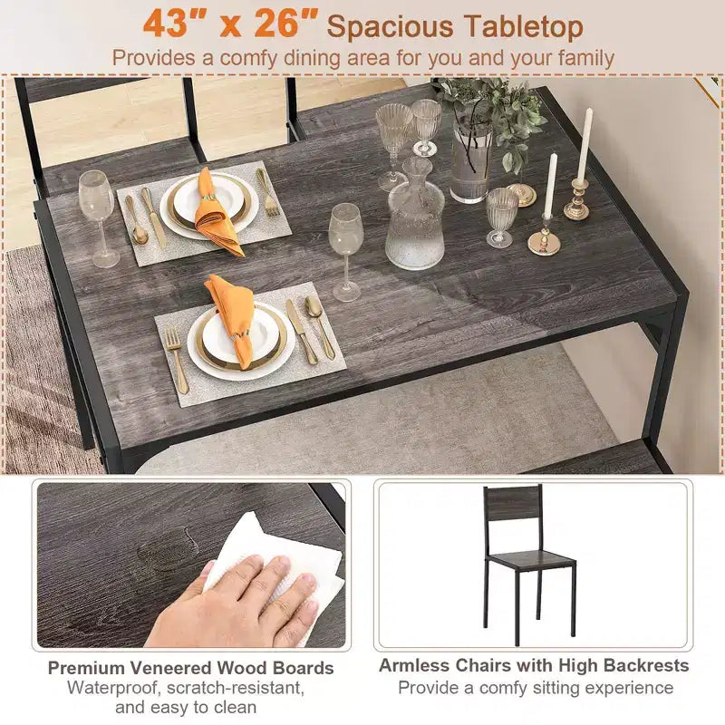 Costway Dining Table Set for 4 Rectangular Table with 2 Chairs, 1 Bench, Storage Racks Rustic Brown/Gray/Brown