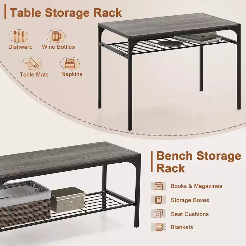 Costway Dining Table Set for 4 Rectangular Table with 2 Chairs, 1 Bench, Storage Racks Rustic Brown/Gray/Brown