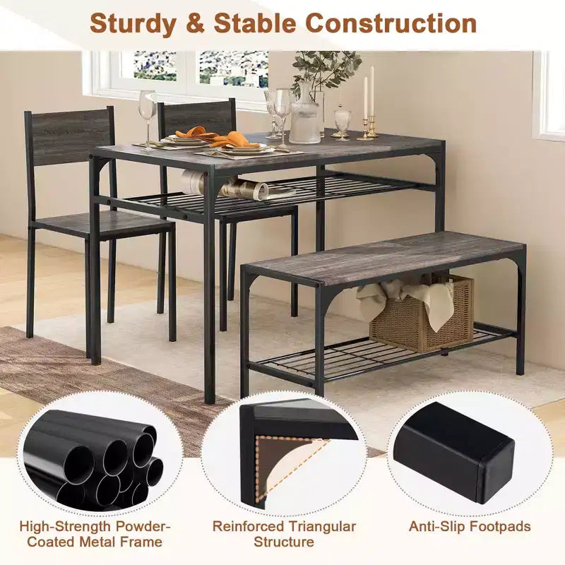 Costway Dining Table Set for 4 Rectangular Table with 2 Chairs, 1 Bench, Storage Racks Rustic Brown/Gray/Brown