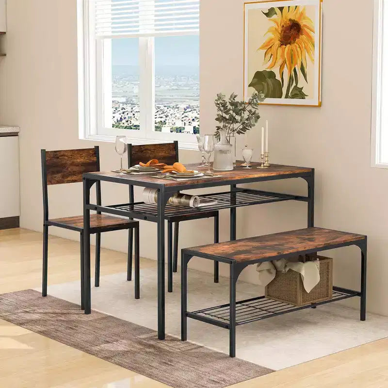 Costway Dining Table Set for 4 Rectangular Table with 2 Chairs, 1 Bench, Storage Racks Rustic Brown/Gray/Brown