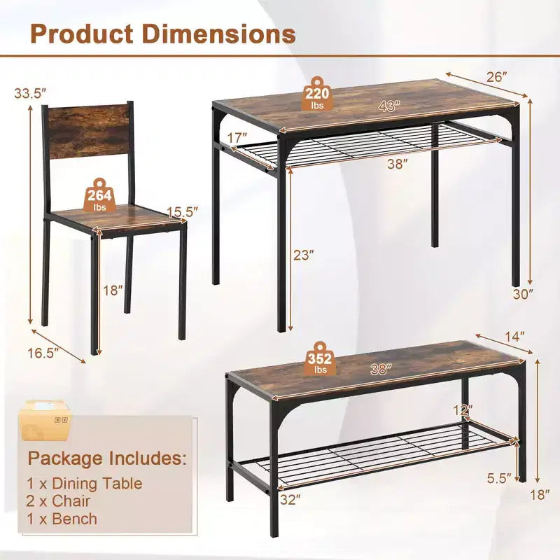 Costway Dining Table Set for 4 Rectangular Table with 2 Chairs, 1 Bench, Storage Racks Rustic Brown/Gray/Brown