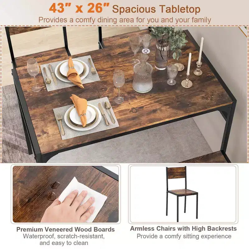 Costway Dining Table Set for 4 Rectangular Table with 2 Chairs, 1 Bench, Storage Racks Rustic Brown/Gray/Brown