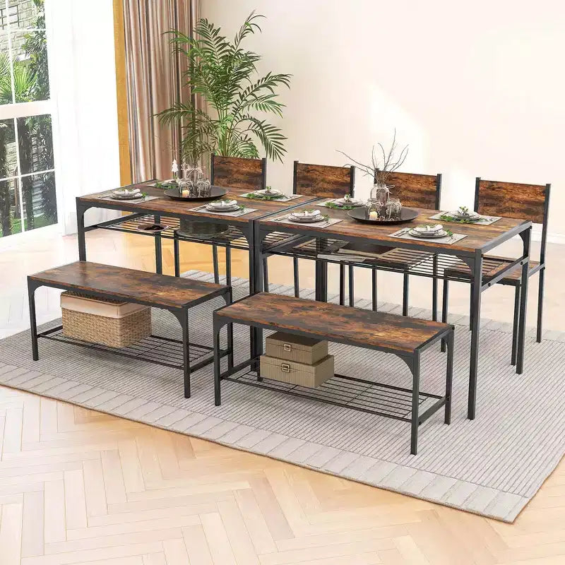 Costway Dining Table Set for 4 Rectangular Table with 2 Chairs, 1 Bench, Storage Racks Rustic Brown/Gray/Brown
