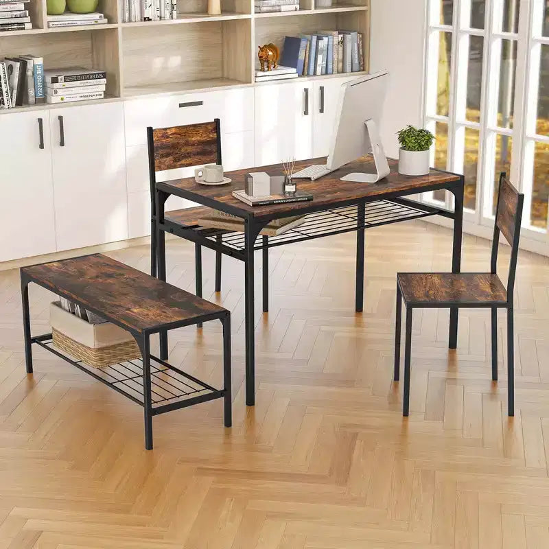 Costway Dining Table Set for 4 Rectangular Table with 2 Chairs, 1 Bench, Storage Racks Rustic Brown/Gray/Brown