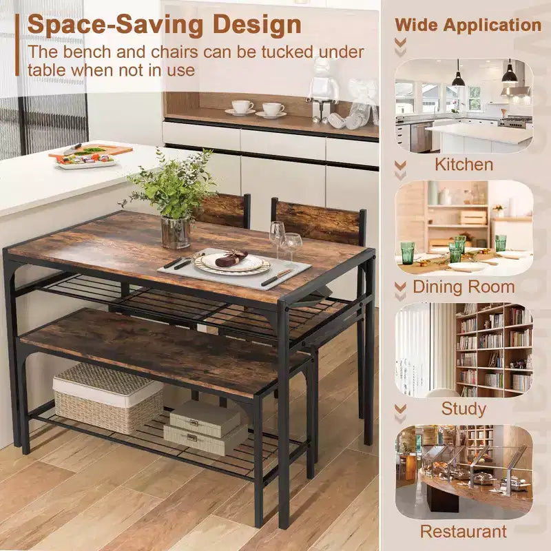 Costway Dining Table Set for 4 Rectangular Table with 2 Chairs, 1 Bench, Storage Racks Rustic Brown/Gray/Brown