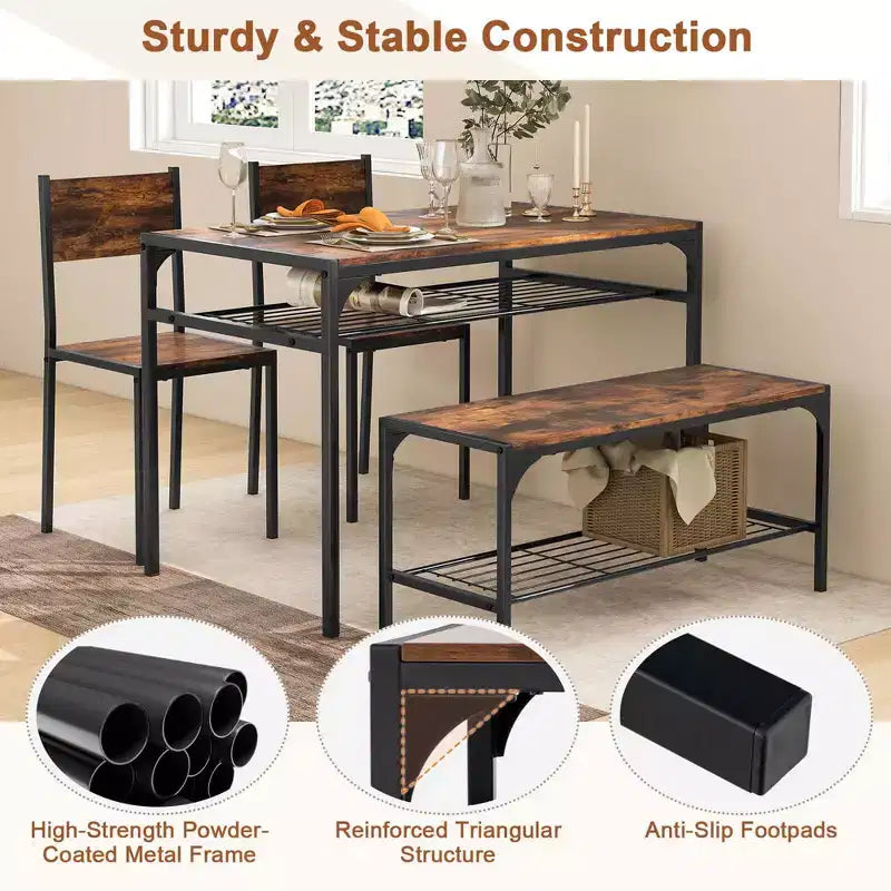Costway Dining Table Set for 4 Rectangular Table with 2 Chairs, 1 Bench, Storage Racks Rustic Brown/Gray/Brown