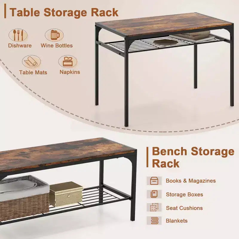 Costway Dining Table Set for 4 Rectangular Table with 2 Chairs, 1 Bench, Storage Racks Rustic Brown/Gray/Brown