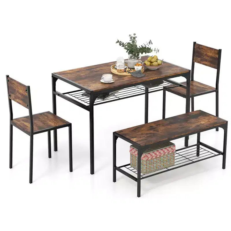 Costway Dining Table Set for 4 Rectangular Table with 2 Chairs, 1 Bench, Storage Racks Rustic Brown/Gray/Brown