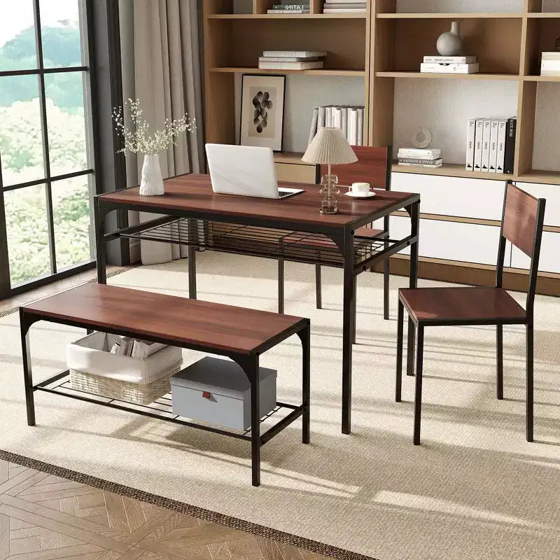 Costway Dining Table Set for 4 Rectangular Table with 2 Chairs, 1 Bench, Storage Racks Rustic Brown/Gray/Brown