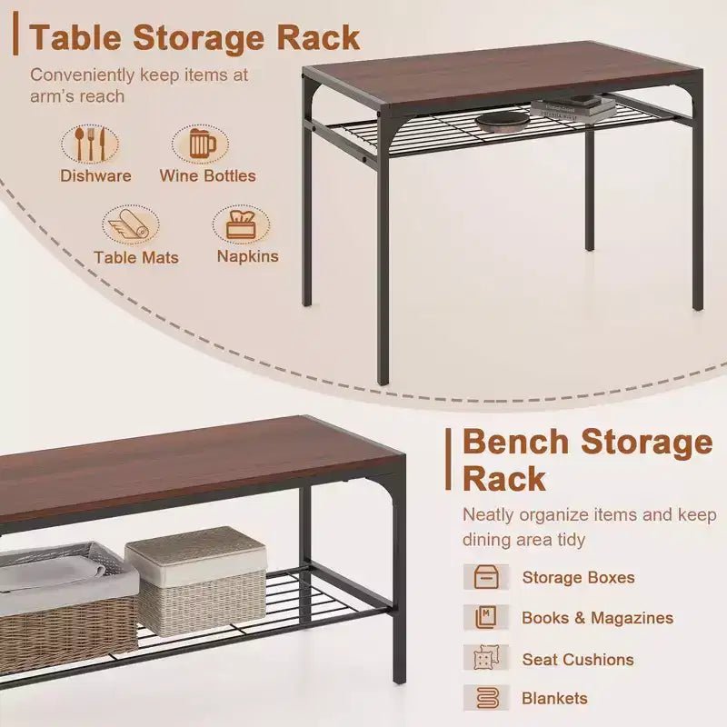 Costway Dining Table Set for 4 Rectangular Table with 2 Chairs, 1 Bench, Storage Racks Rustic Brown/Gray/Brown