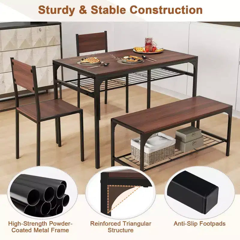 Costway Dining Table Set for 4 Rectangular Table with 2 Chairs, 1 Bench, Storage Racks Rustic Brown/Gray/Brown