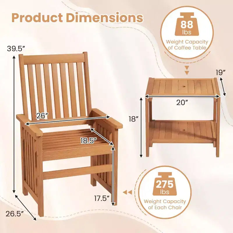 Costway 3 Pieces Patio Furniture Set with 1.5 Umbrella Hole Hardwood Table & Chairs Set