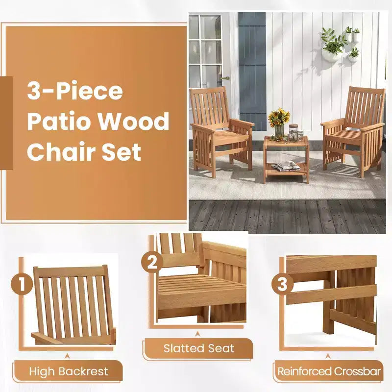 Costway 3 Pieces Patio Furniture Set with 1.5 Umbrella Hole Hardwood Table & Chairs Set